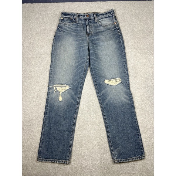 J Crew Slouchy Boyfriend Jeans Medium Blue‎ Distressed Ripped Knees Size 26 - Picture 4 of 15